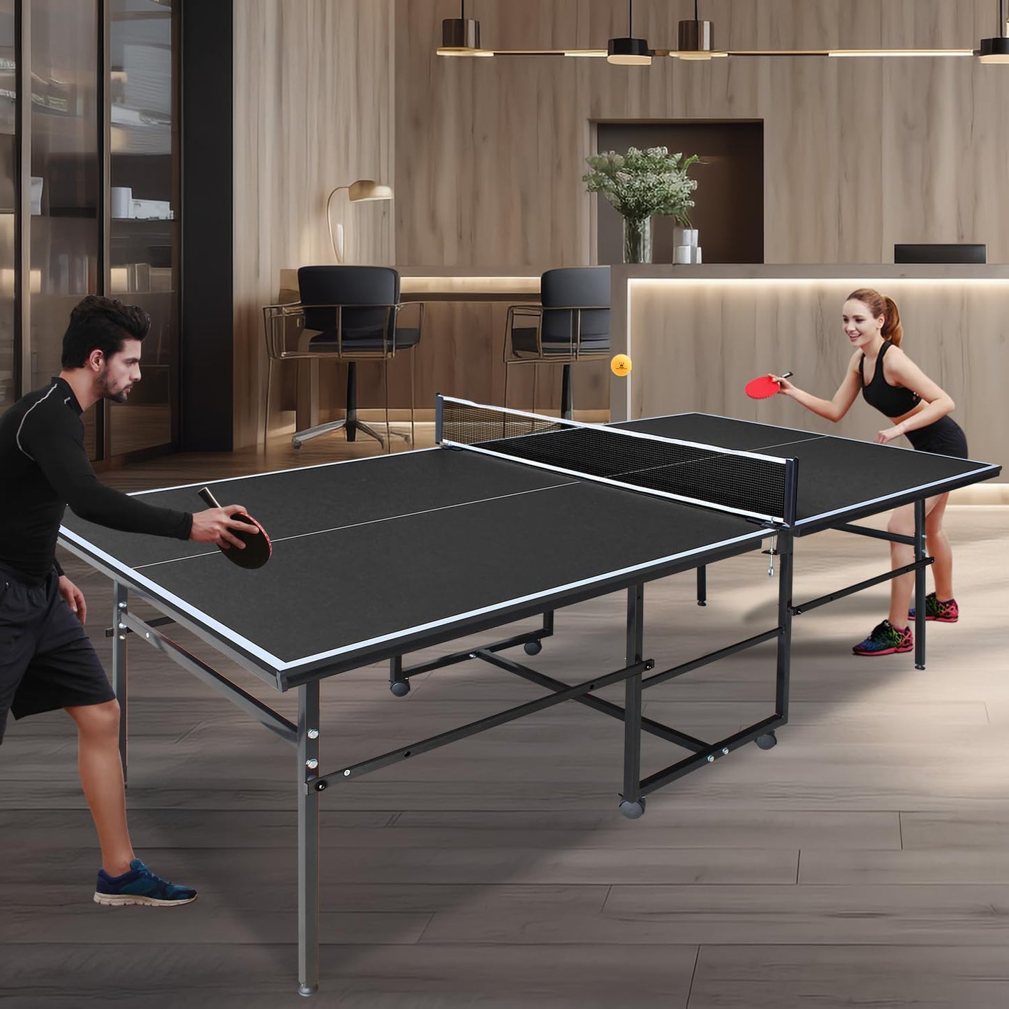 Foldable 8FT/8.5FT/9FT Ping Pong Table Set, Portable Indoor Table Tennis Table with 0.2'' Durable MDF Top, Quick Game Mesa De Ping Pong Para Adultos with Net, 2 Paddles & 3 Balls