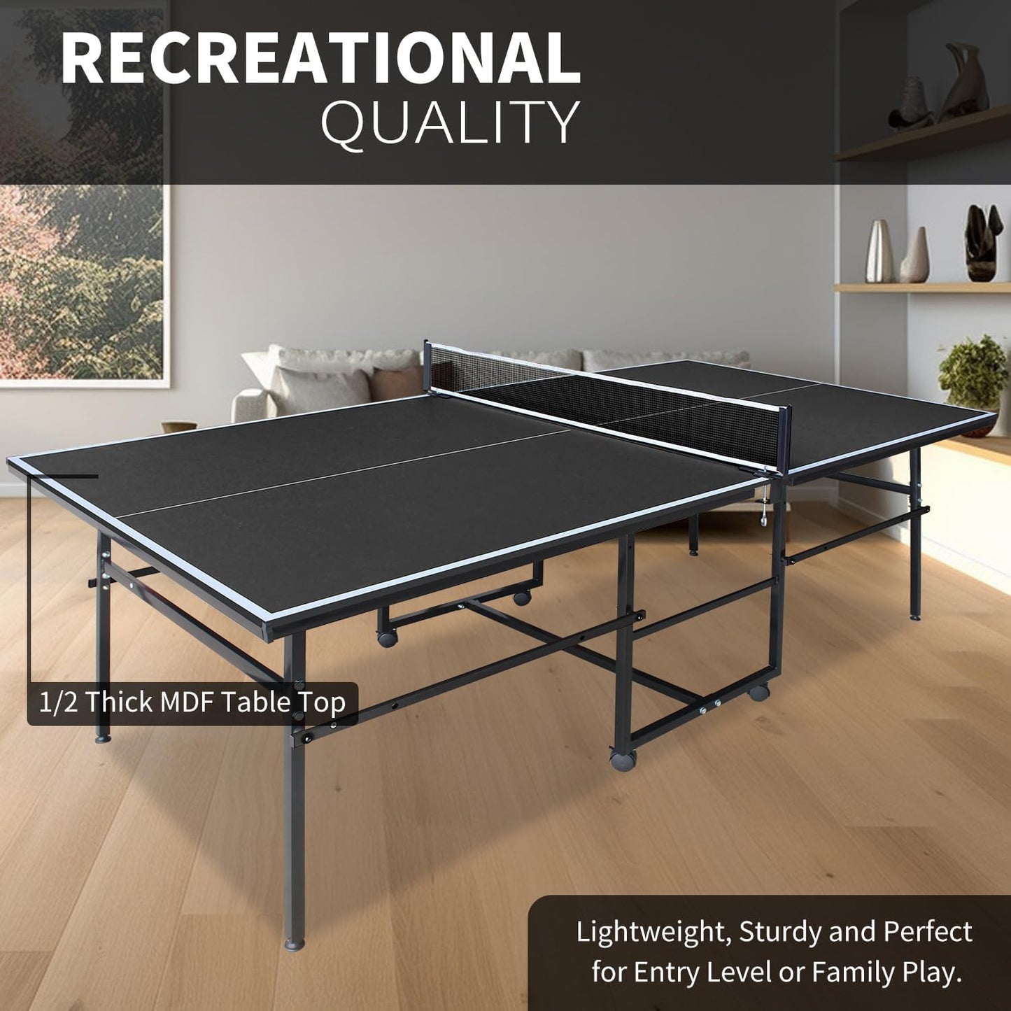 Foldable 8FT/8.5FT/9FT Ping Pong Table Set, Portable Indoor Table Tennis Table with 0.2'' Durable MDF Top, Quick Game Mesa De Ping Pong Para Adultos with Net, 2 Paddles & 3 Balls