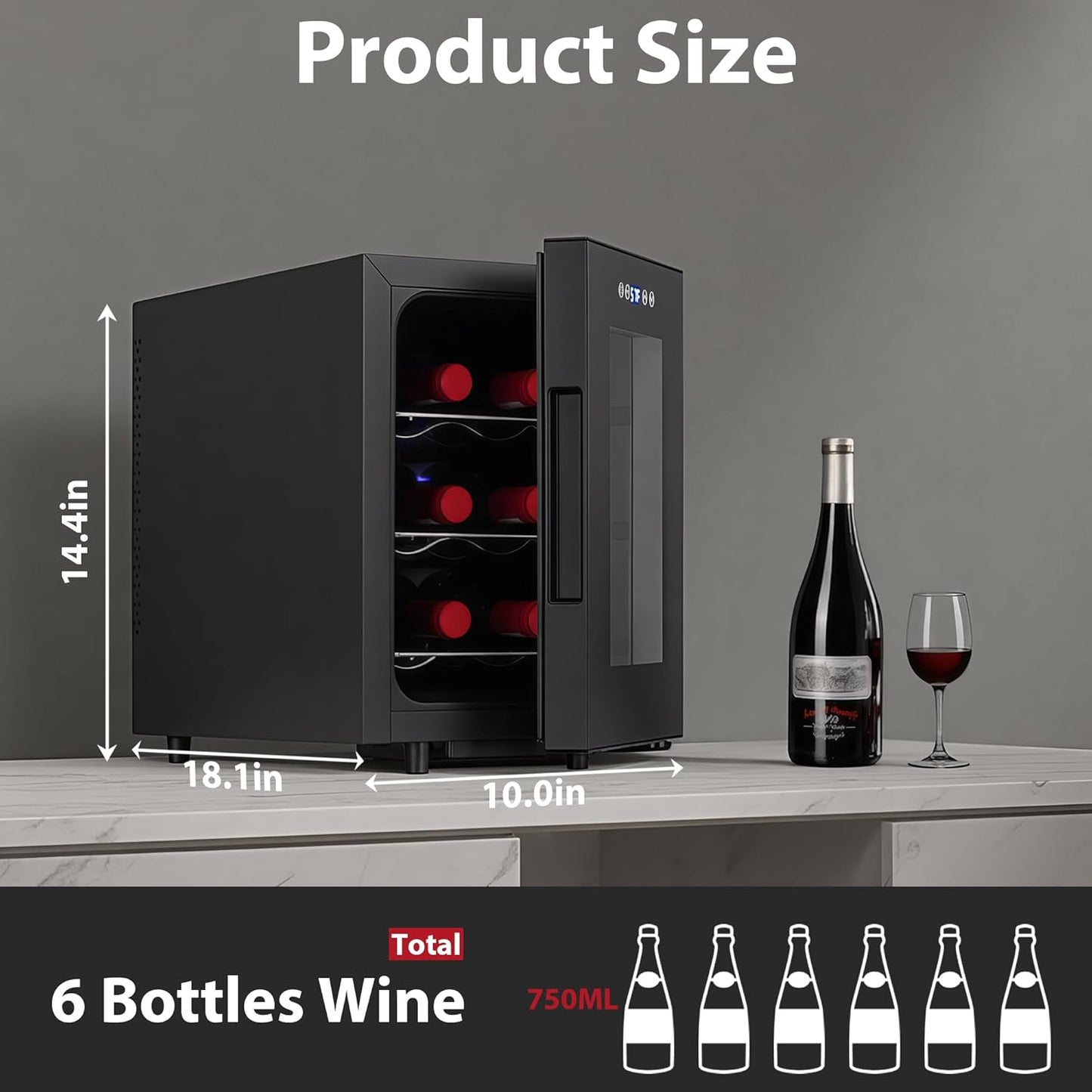 Wine Fridge, Digital Temperature Control White & Red Wine 6 Bottle Wine Cooler with Wine Rack, Champagne Wine Cooler Refrigerator for Bar, Home,Kitchen,Gift (Black)