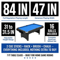 7FT Pool Table Billiard Table with Cues Rack Triangle Ball Set Brush Chalk Cubes Complete Set Pool Table for Family Friend Villa Home Office — Results & Stats