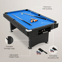 7FT Pool Table Billiard Table with Cues Rack Triangle Ball Set Brush Chalk Cubes Complete Set Pool Table for Family Friend Villa Home Office — infographic