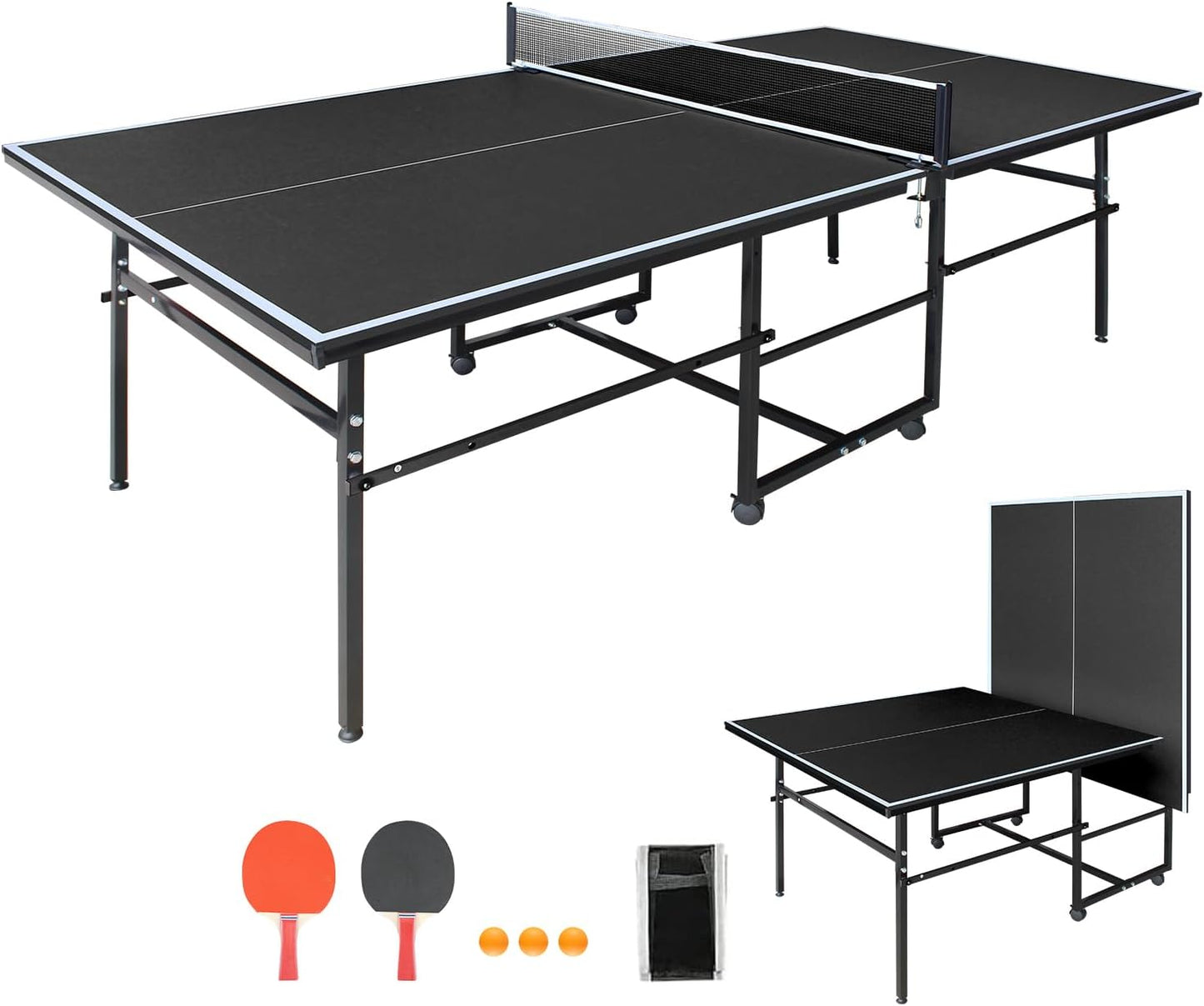 Foldable 8FT/8.5FT/9FT Ping Pong Table Set, Portable Indoor Table Tennis Table with 0.2'' Durable MDF Top, Quick Game Mesa De Ping Pong Para Adultos with Net, 2 Paddles & 3 Balls