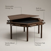 Wood Poker Table Convertible Gaming/Dining Table for 4-6 People with Removable Top, 6-Cup Holders — infographic