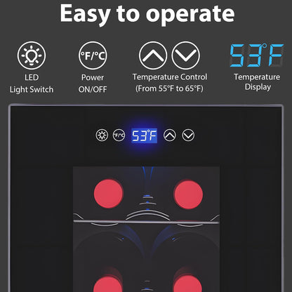 Wine Fridge, Digital Temperature Control White & Red Wine 6 Bottle Wine Cooler with Wine Rack, Champagne Wine Cooler Refrigerator for Bar, Home,Kitchen,Gift (Black)