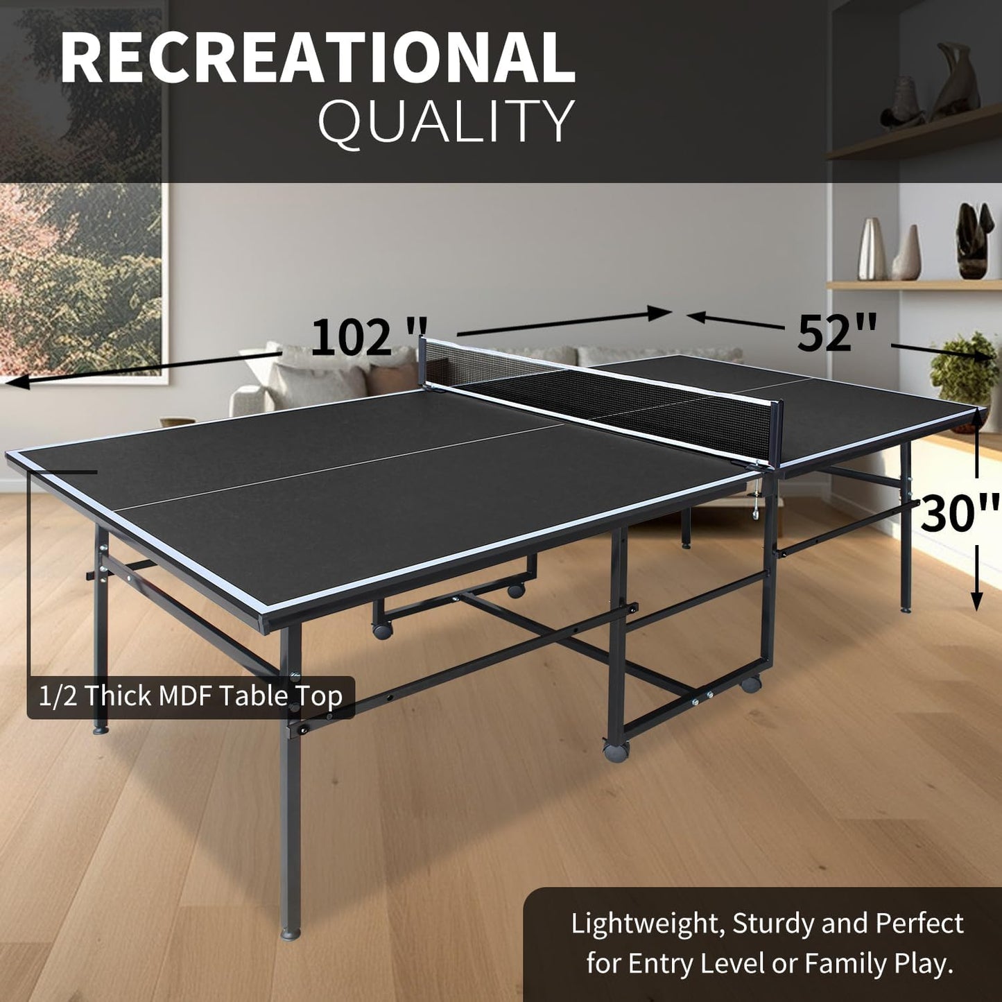 Foldable 8FT/8.5FT/9FT Ping Pong Table Set, Portable Indoor Table Tennis Table with 0.2'' Durable MDF Top, Quick Game Mesa De Ping Pong Para Adultos with Net, 2 Paddles & 3 Balls